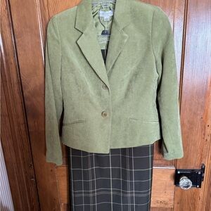 Petite Sophisticate Olive Green Corduroy Blazer with coordinating long skirt.